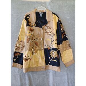 Indigo Moon Whimsy Artsy Jacket 2X Boho Patchwork Embroidered Black Tan Yellow
